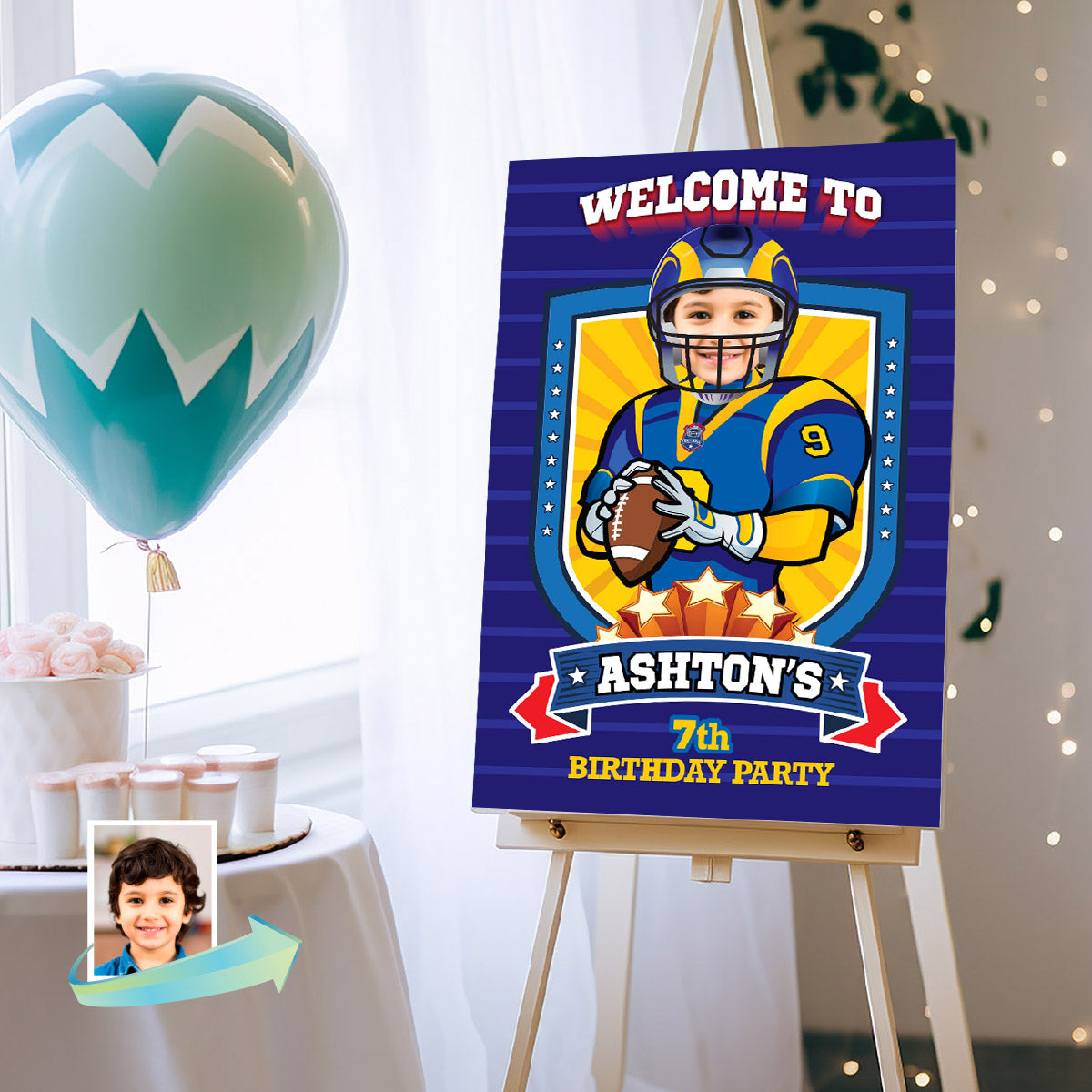 Football Welcome sign with kid as favorite Rams player, Rams Birthday Entrance party. 2415WS