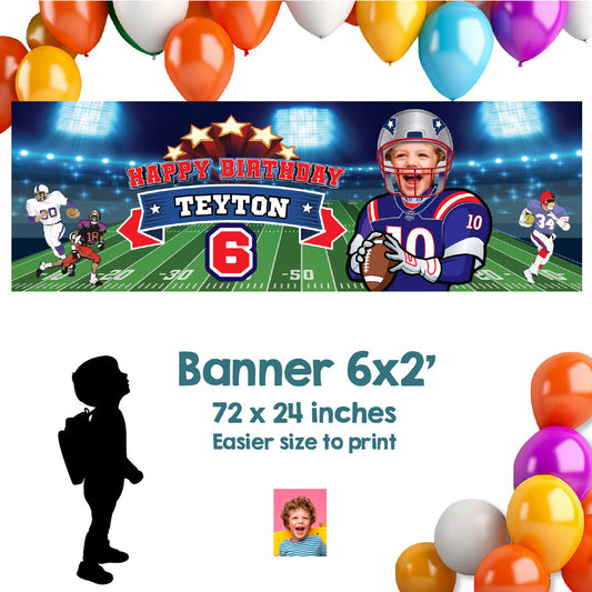 Custom Patriots Party banner with birthday kid as the MVP (Horizontal 6x2’). 2422BBH