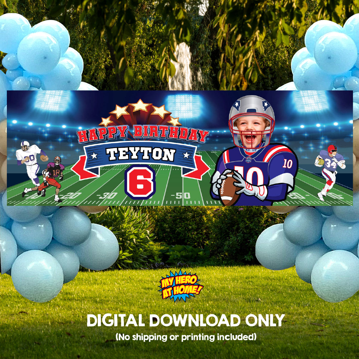 Custom Patriots Party banner with birthday kid as the MVP (Horizontal 6x2’). 2422BBH