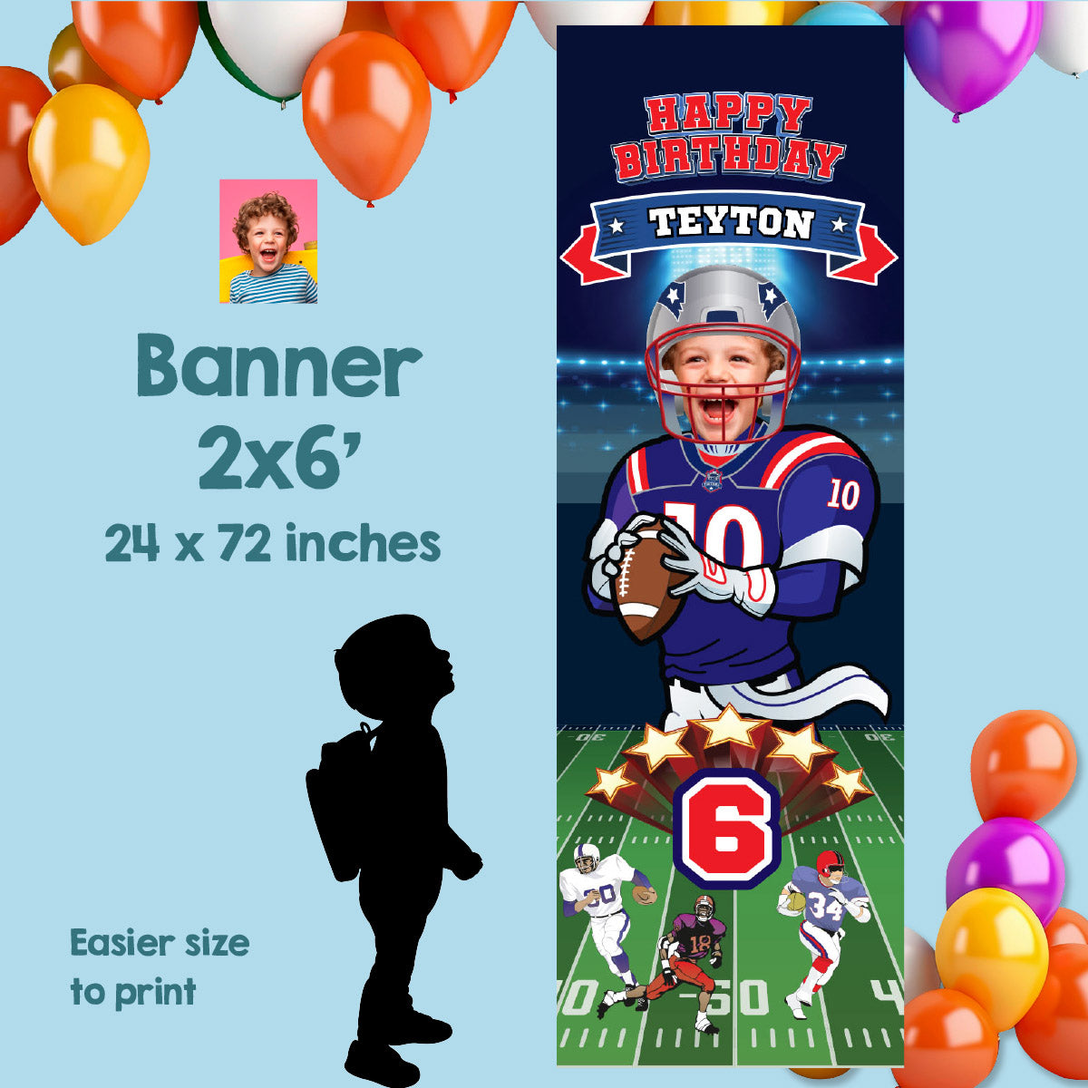 Portrait Patriots Football banner with birthday kid as the Quarterback (Vertical 2x6’). 2422BBV