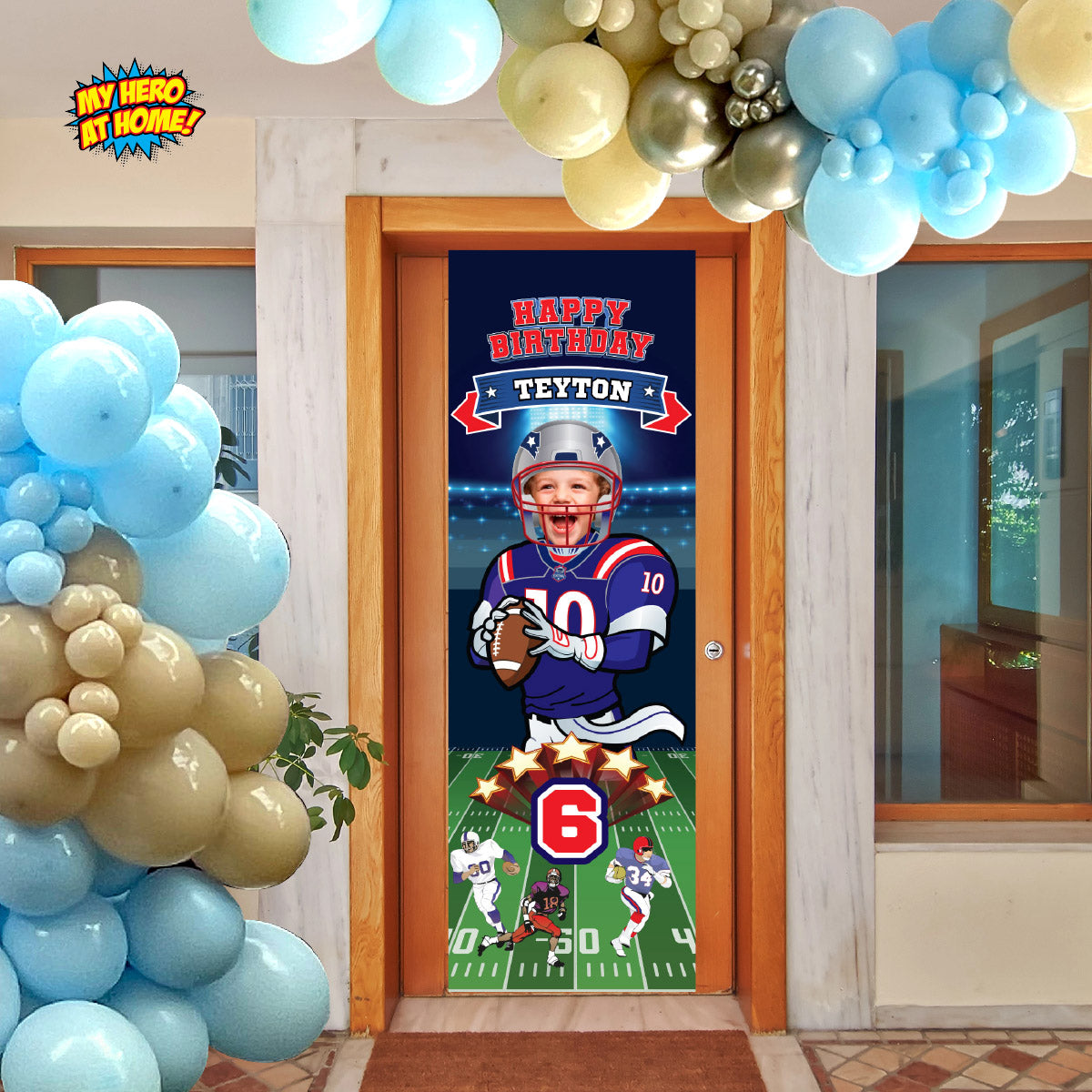 Portrait Patriots Football banner with birthday kid as the Quarterback (Vertical 2x6’). 2422BBV