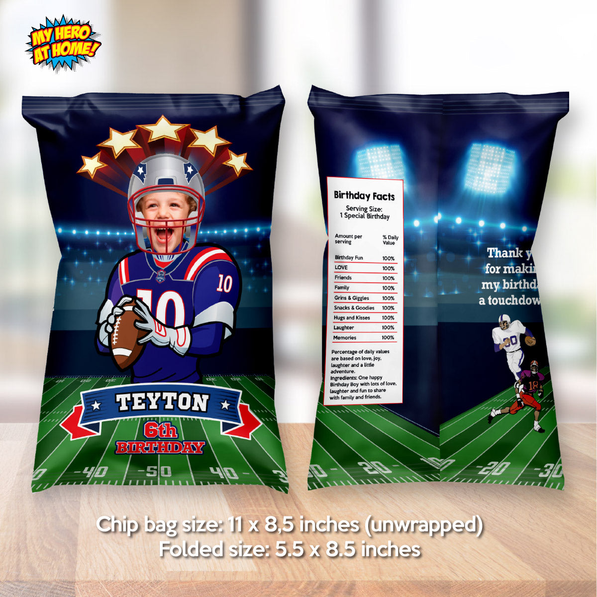 Football Patriots Chip Bag wrappers with photo, Patriots Snacks Bag labels. 2422CB