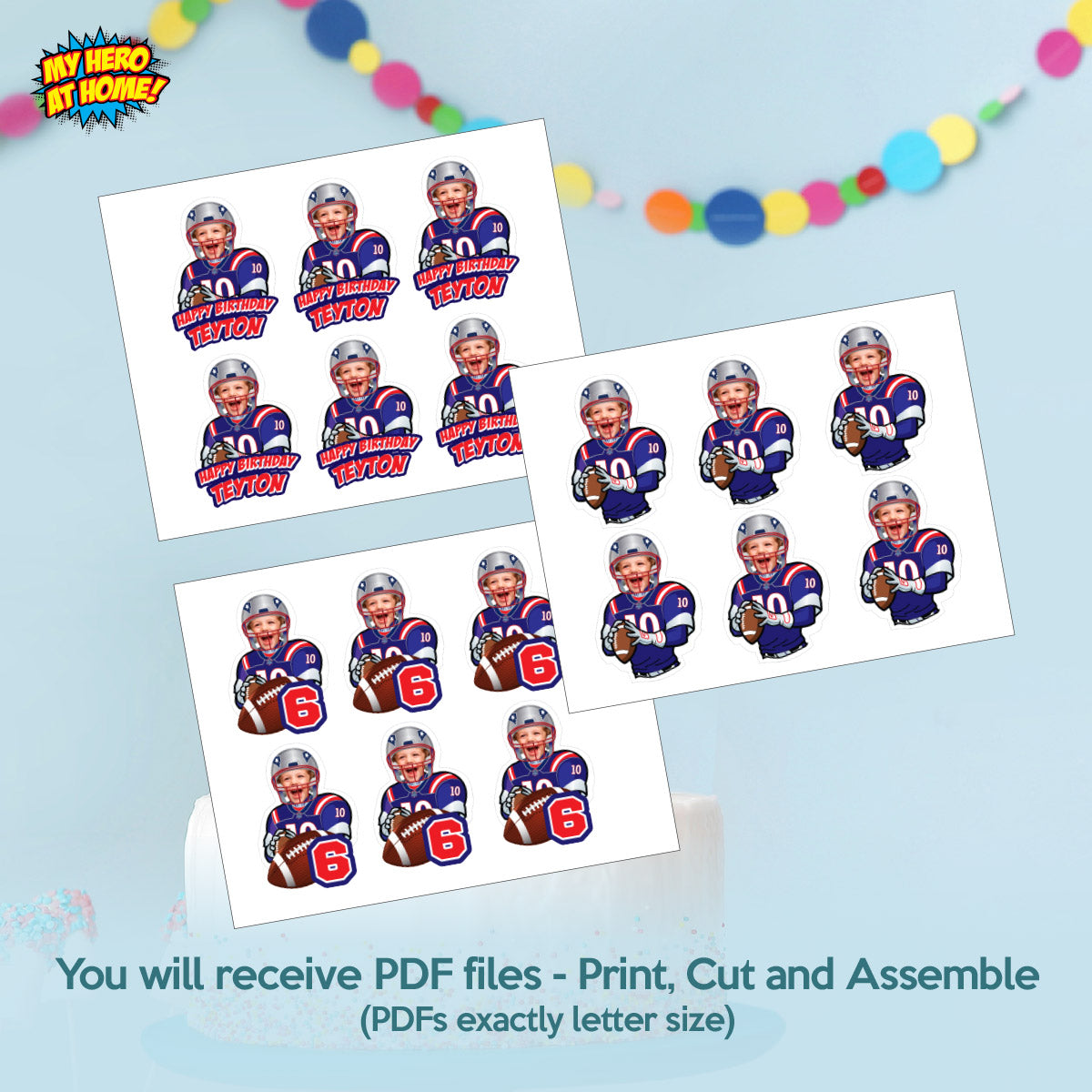 Personalized Football Patriots Cupcakes Toppers featuring birthday kid. 2422CK
