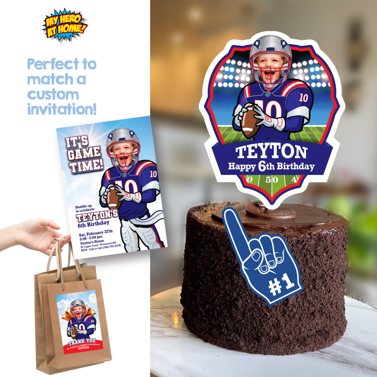 Football Patriots Cake topper with birthday kid as his favorite player. 2422CT