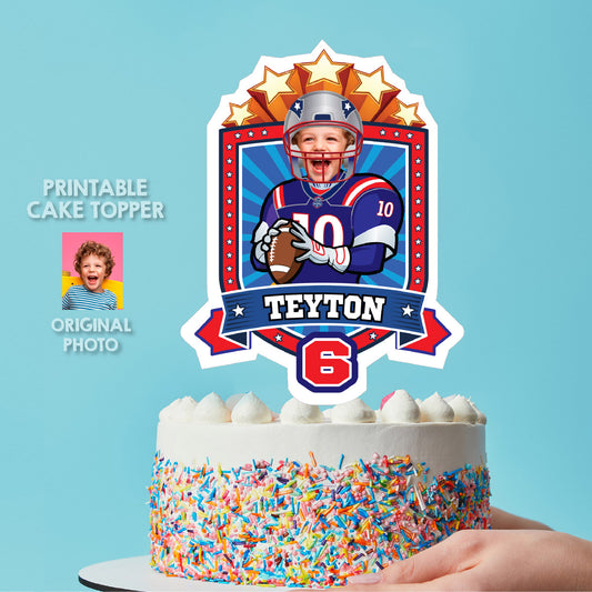 Football New England Cake topper featuring kid as his favorite Patriots player. 2422CT2
