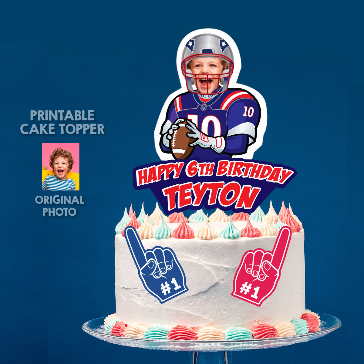 Football New England Cake topper featuring kid as his favorite Patriots player. 2422CT2