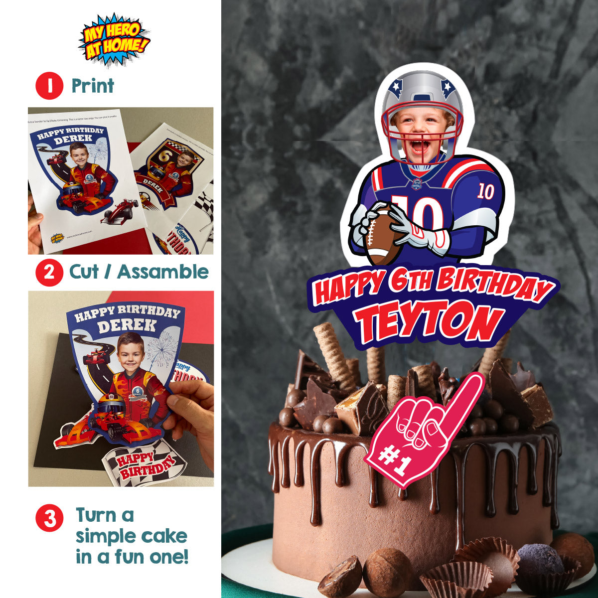 Football New England Cake topper featuring kid as his favorite Patriots player. 2422CT2