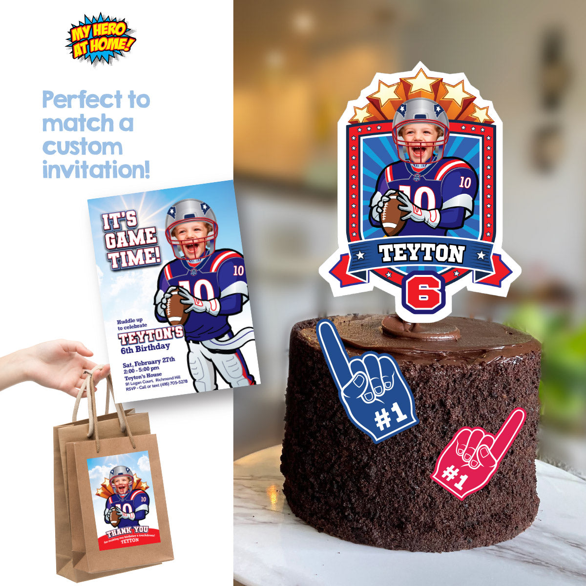 Football New England Cake topper featuring kid as his favorite Patriots player. 2422CT2