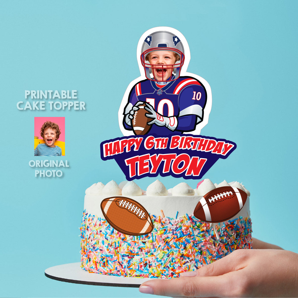 Cake topper themed Patriots with photo, Printable Cake of Quarterback Patriots. 2422CT3