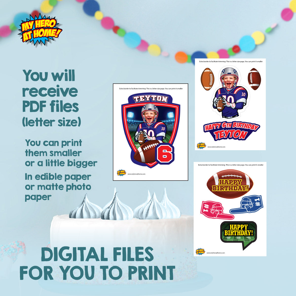 Cake topper themed Patriots with photo, Printable Cake of Quarterback Patriots. 2422CT3