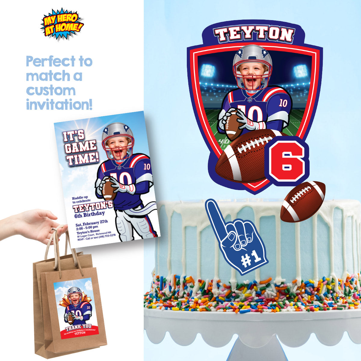 Cake topper themed Patriots with photo, Printable Cake of Quarterback Patriots. 2422CT3