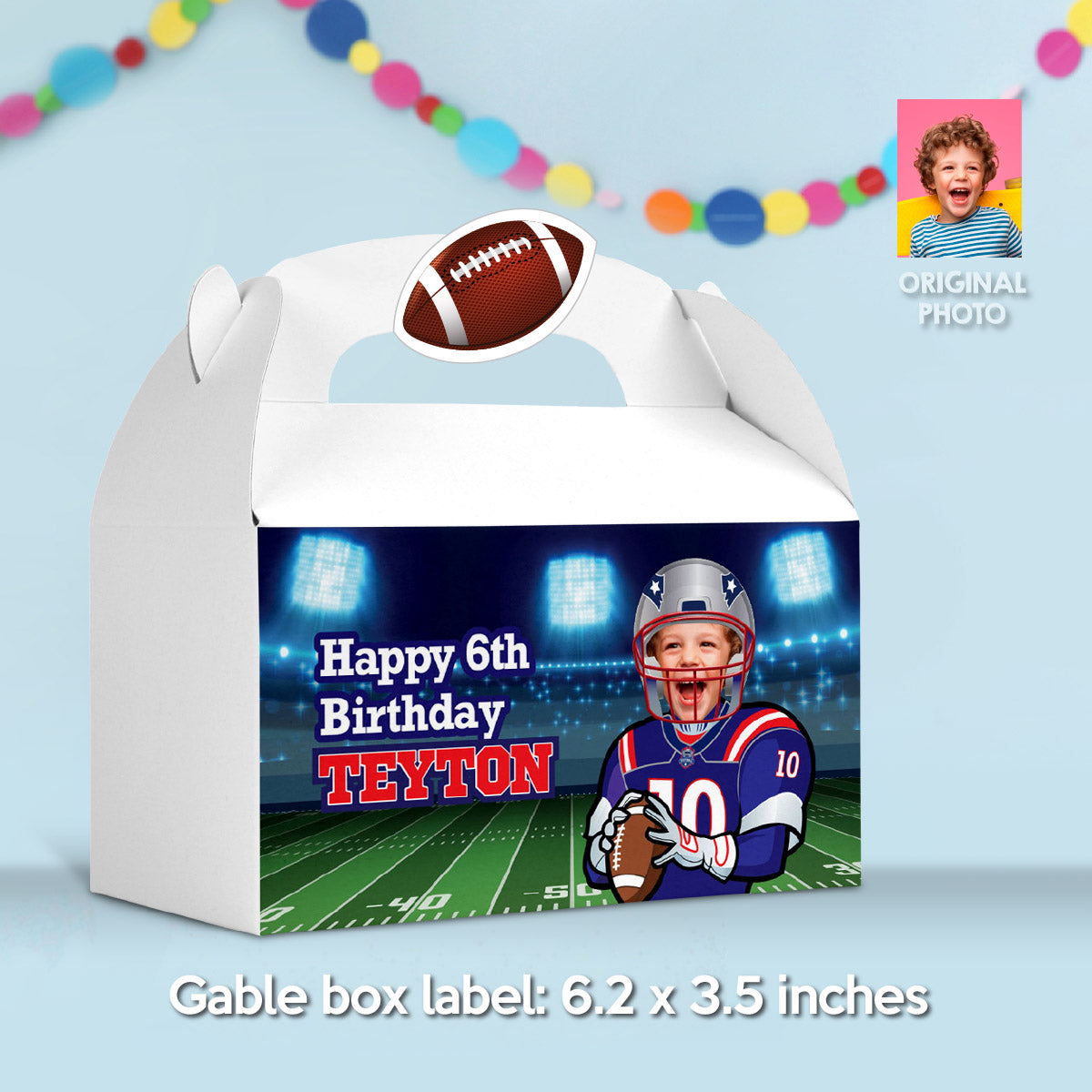Custom Football Patriots Gable box with kid as the MVP (Gift boxes, party favors). 2422GB