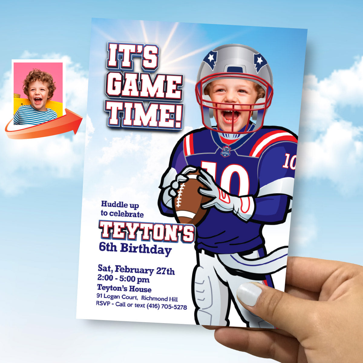 Patriots Birthday Party Invitation with kid as the star player, Patriots digital invitation. 2422IN
