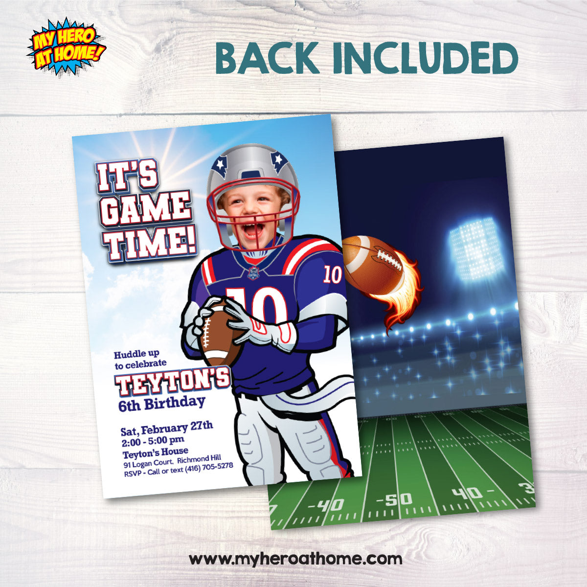 Patriots Birthday Party Invitation with kid as the star player, Patriots digital invitation. 2422IN