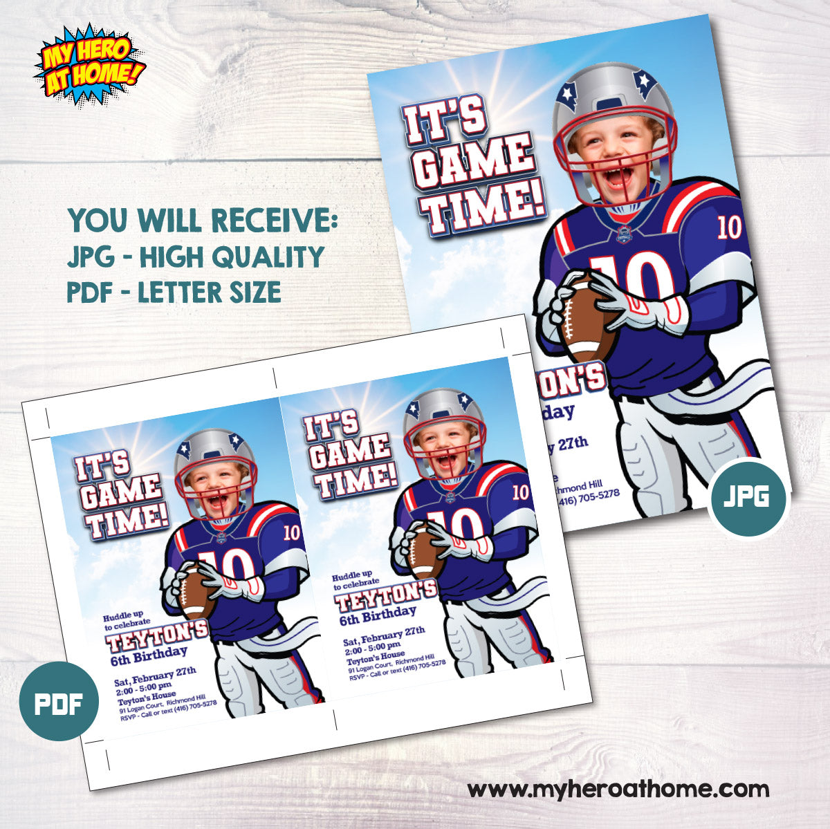 Patriots Birthday Party Invitation with kid as the star player, Patriots digital invitation. 2422IN