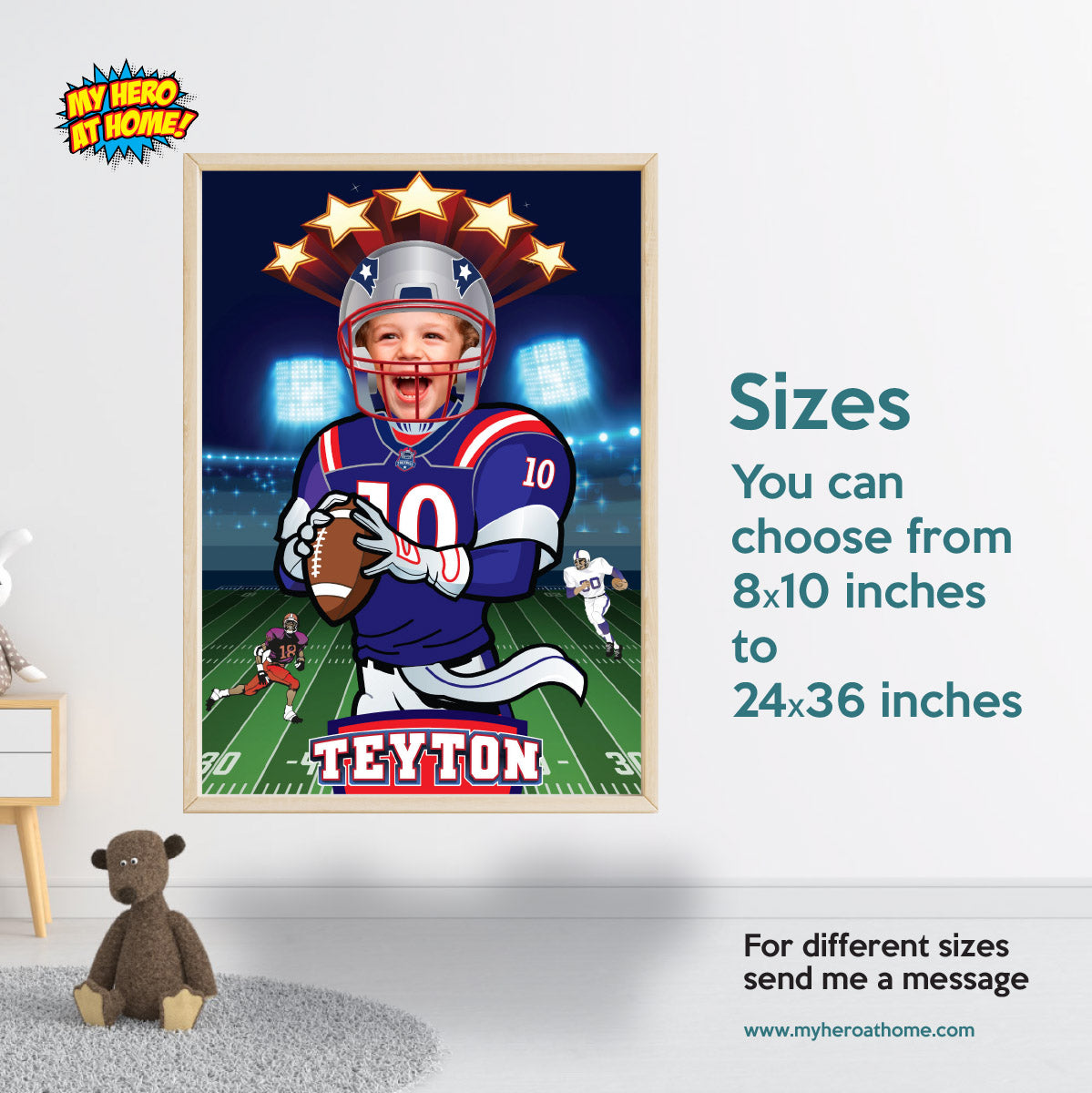 Printable Patriots kids gifts ideas with photo, Personalized Patriots poster with kid as player. 2422PG