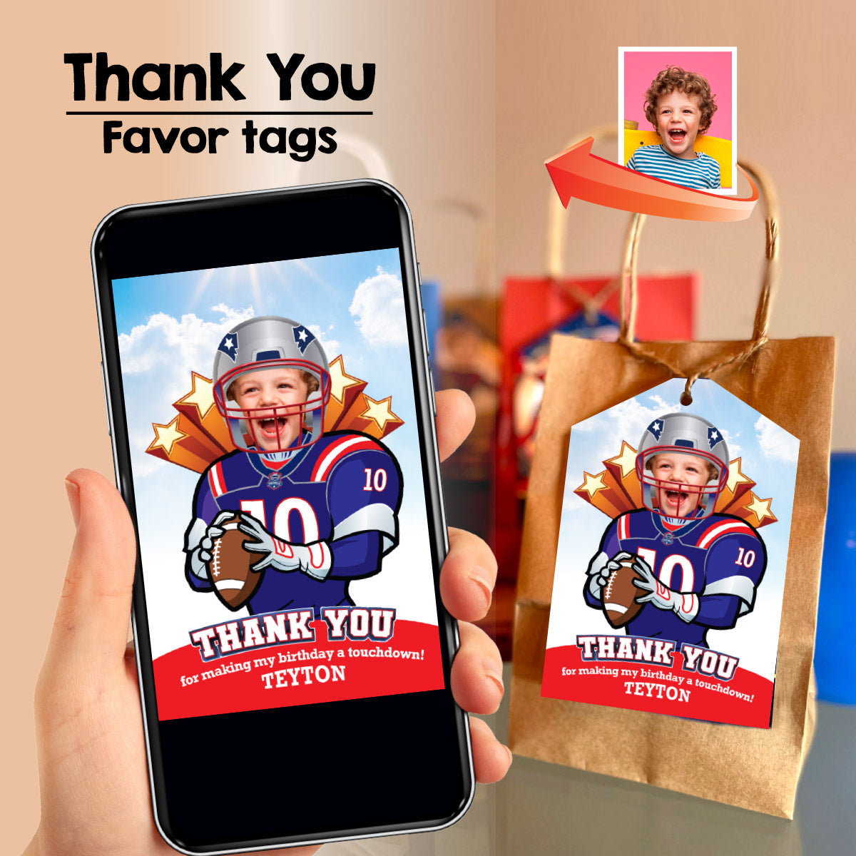 Personalized Football Patriots Thank You with birthday boy as his favorite player. 2422TY