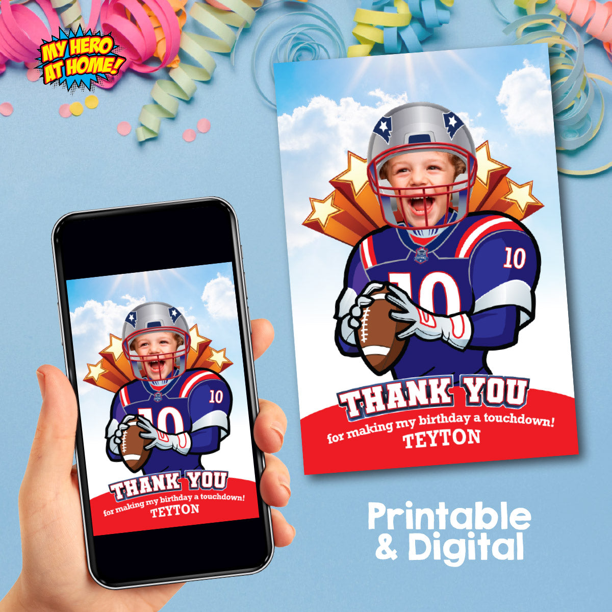 Personalized Football Patriots Thank You with birthday boy as his favorite player. 2422TY