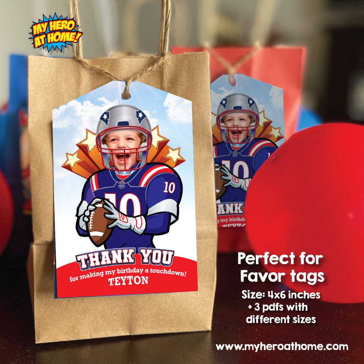Personalized Football Patriots Thank You with birthday boy as his favorite player. 2422TY