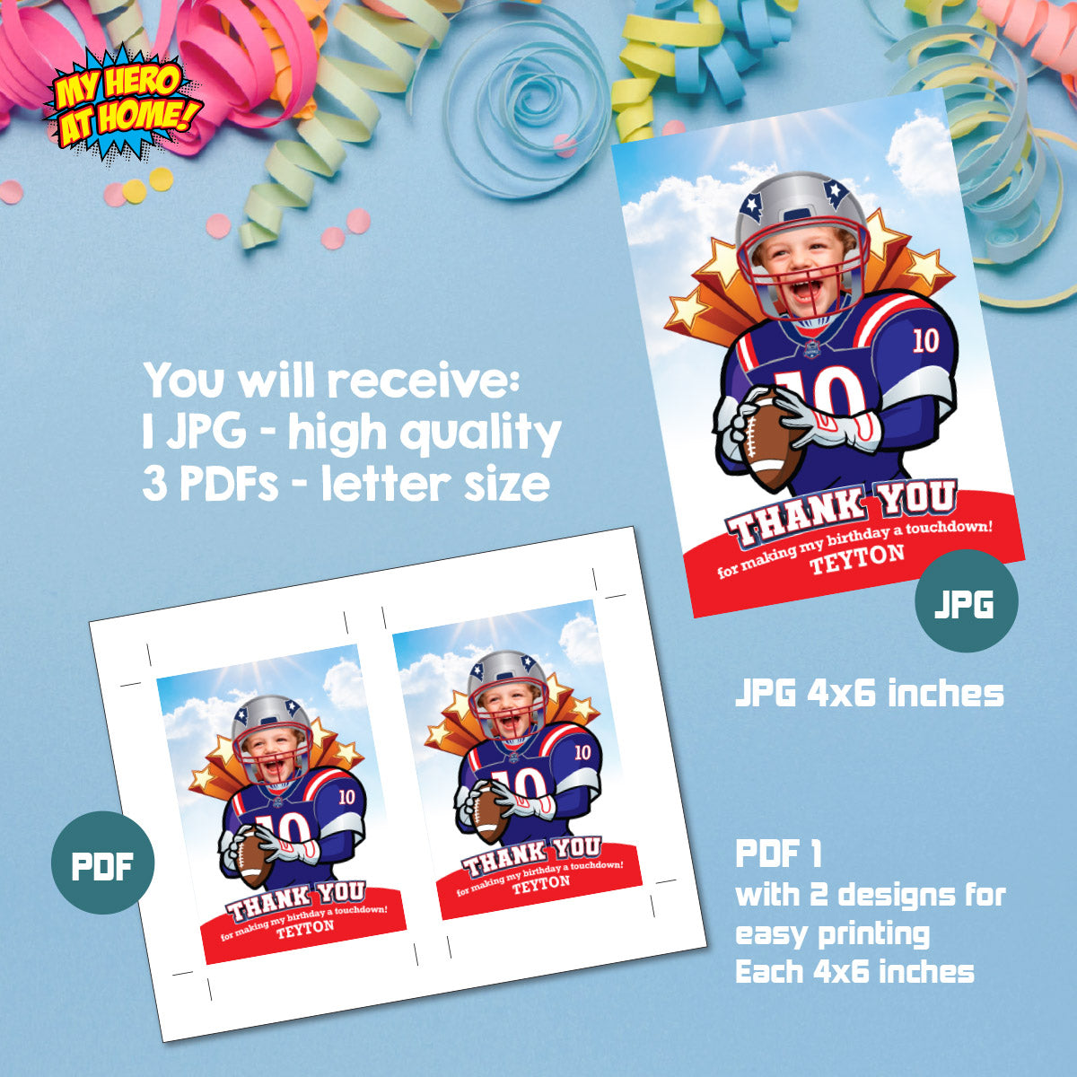 Personalized Football Patriots Thank You with birthday boy as his favorite player. 2422TY