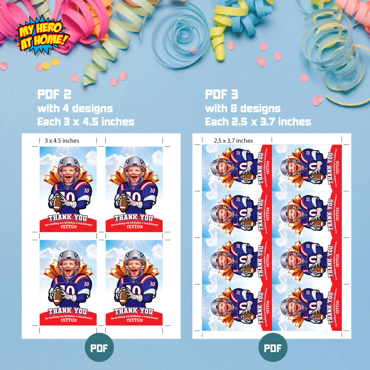 Personalized Football Patriots Thank You with birthday boy as his favorite player. 2422TY