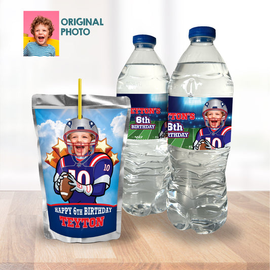 Football New England Patriots water wrappers and juice labels with kid as the star. 2422WJ