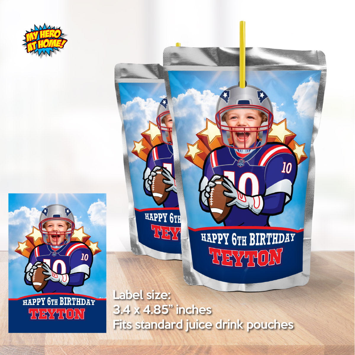 Football New England Patriots water wrappers and juice labels with kid as the star. 2422WJ