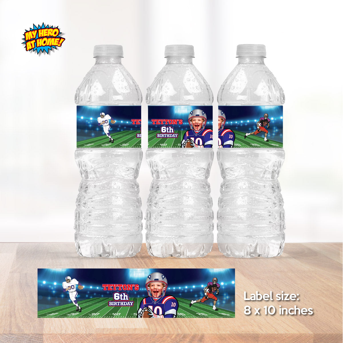 Football New England Patriots water wrappers and juice labels with kid as the star. 2422WJ