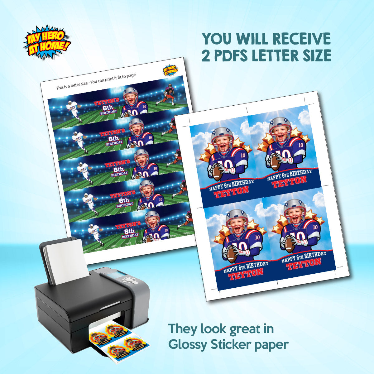 Football New England Patriots water wrappers and juice labels with kid as the star. 2422WJ