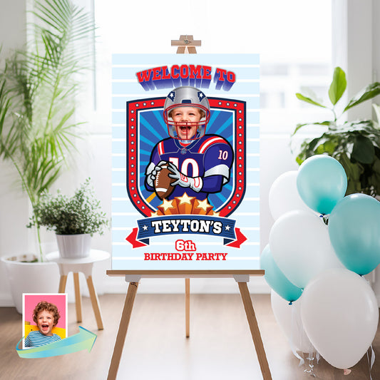 Football Welcome sign with kid as favorite Patriots player, Patriots Birthday Entrance party. 2422WS