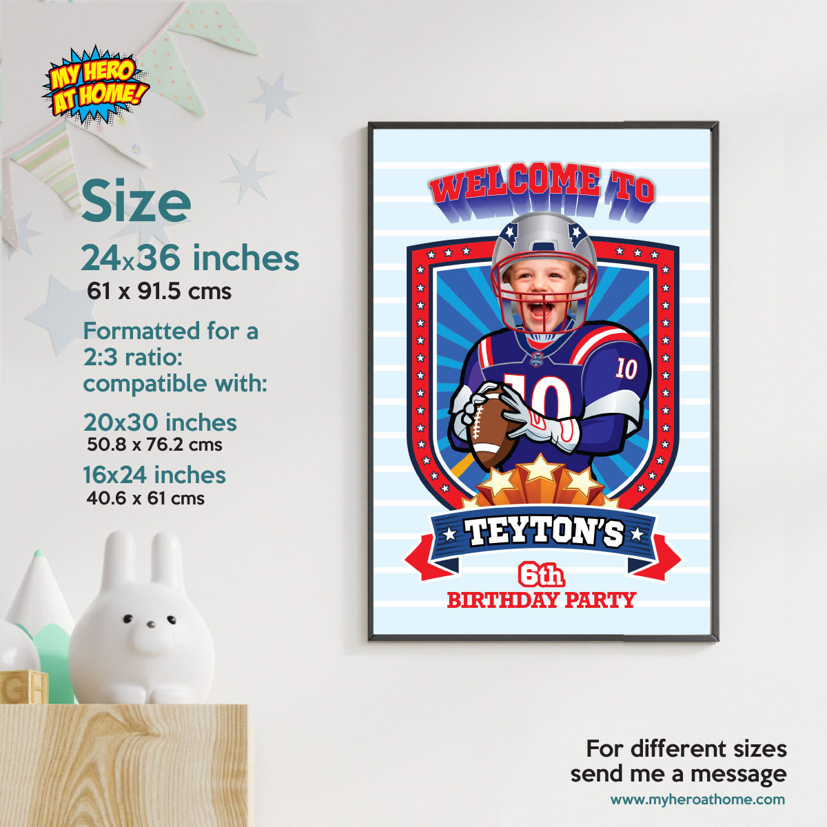 Football Welcome sign with kid as favorite Patriots player, Patriots Birthday Entrance party. 2422WS
