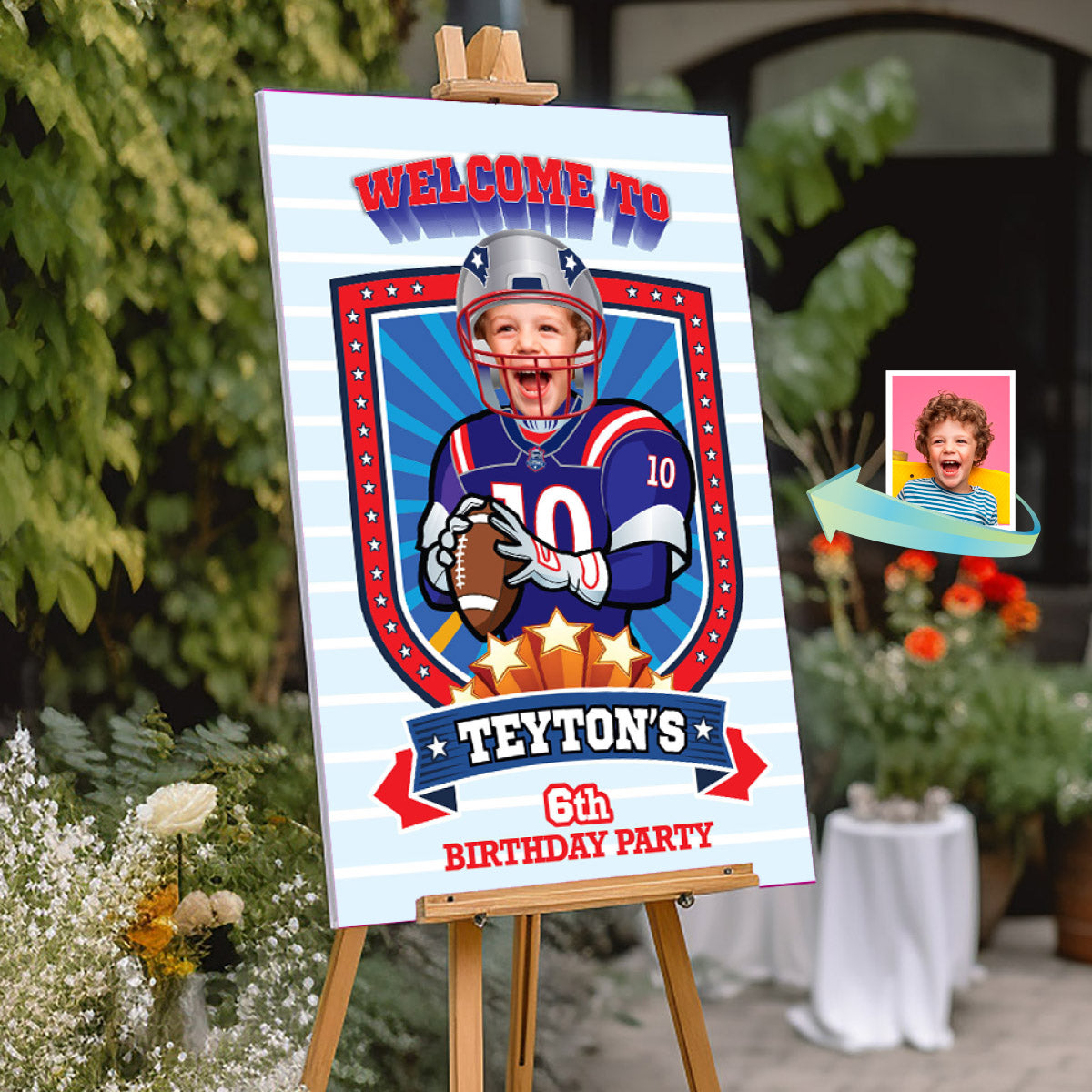 Football Welcome sign with kid as favorite Patriots player, Patriots Birthday Entrance party. 2422WS