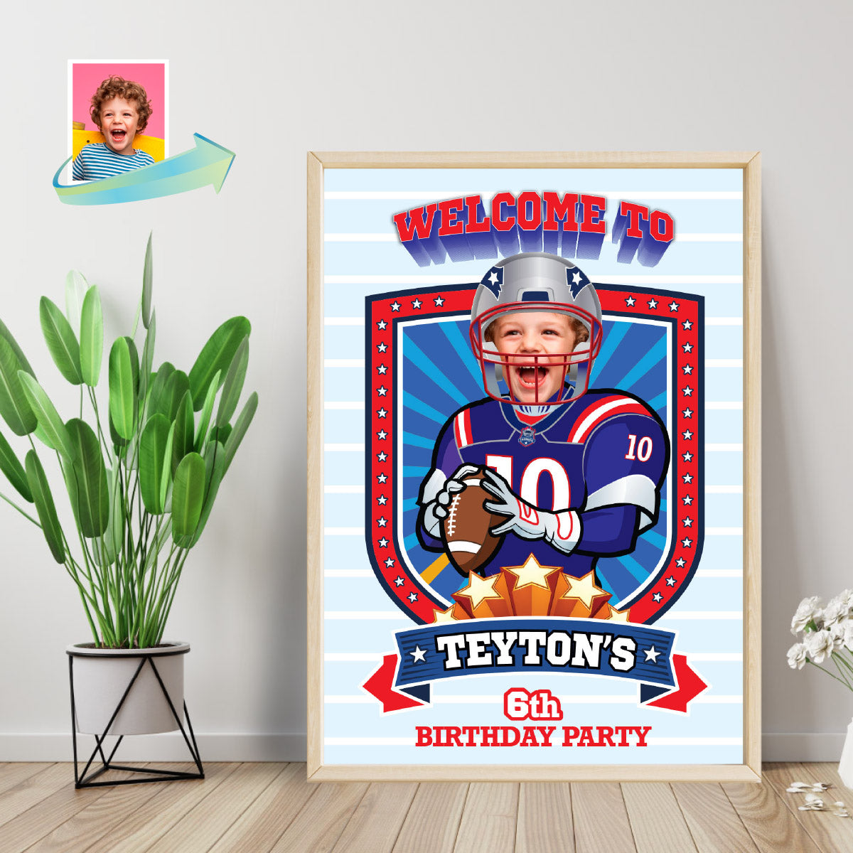 Football Welcome sign with kid as favorite Patriots player, Patriots Birthday Entrance party. 2422WS