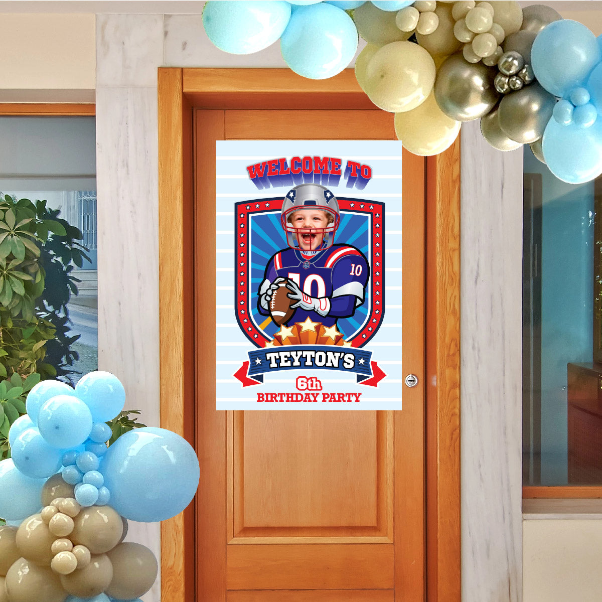 Football Welcome sign with kid as favorite Patriots player, Patriots Birthday Entrance party. 2422WS