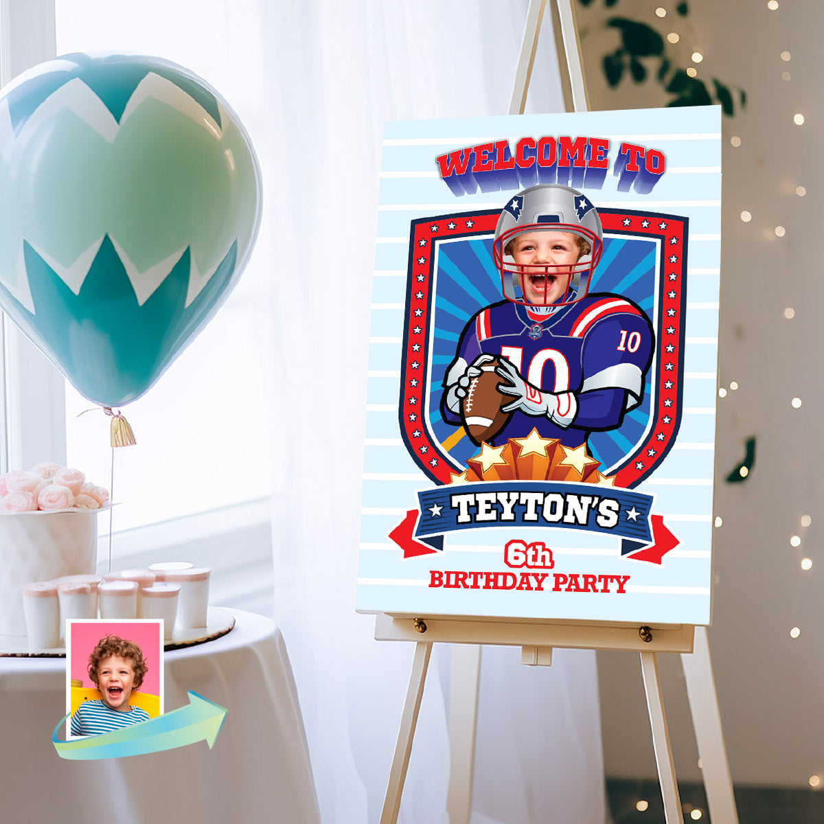Football Welcome sign with kid as favorite Patriots player, Patriots Birthday Entrance party. 2422WS