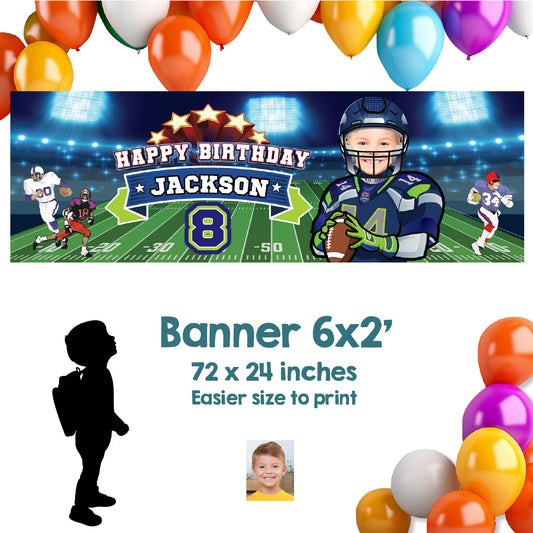 Custom Seahawks Party banner with birthday kid as the MVP (Horizontal 6x2’). 2423BBH