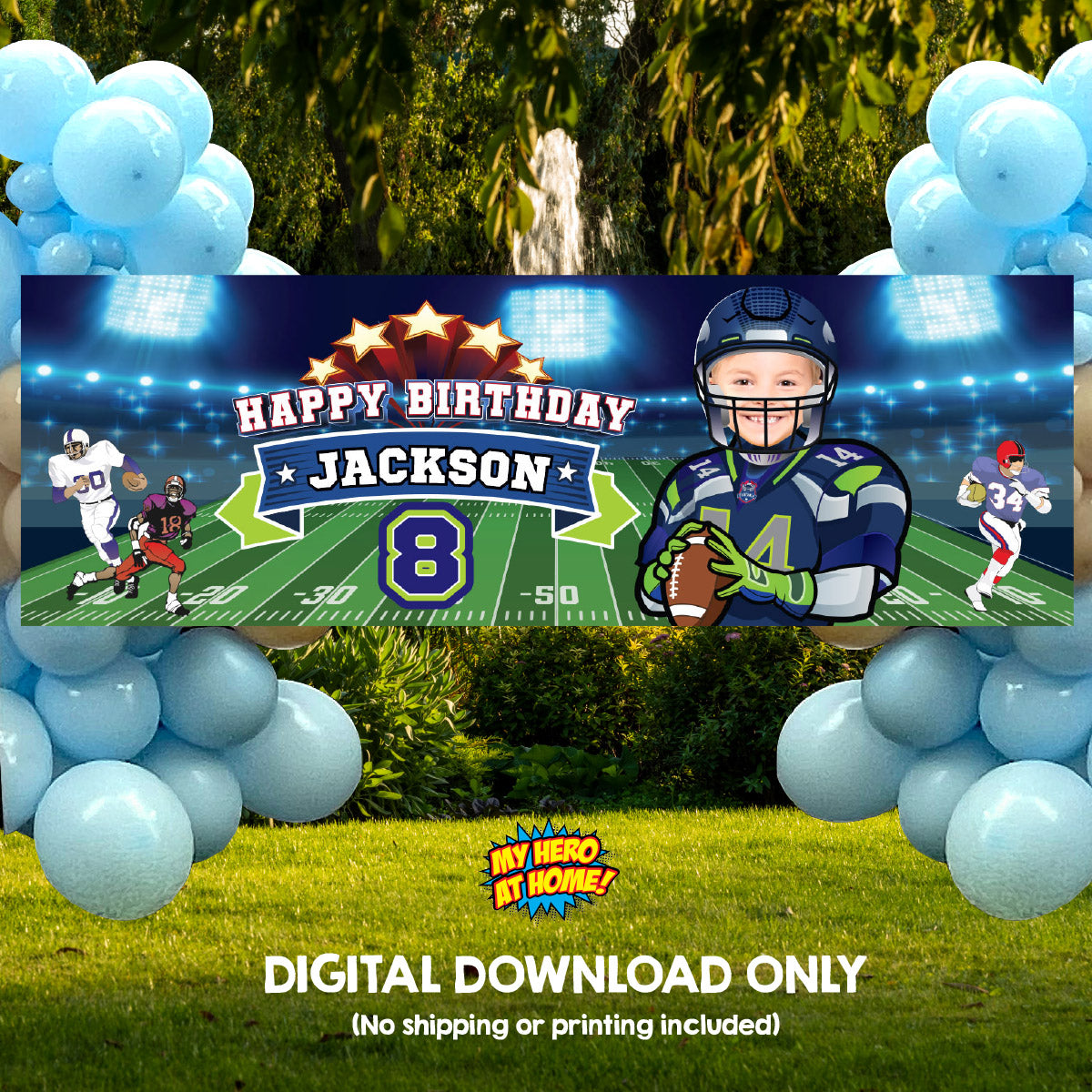 Custom Seahawks Party banner with birthday kid as the MVP (Horizontal 6x2’). 2423BBH