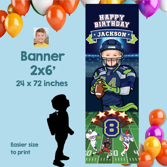 Portrait Football Seahawks banner with birthday kid as the Quarterback (Vertical 2x6’). 2423BBV