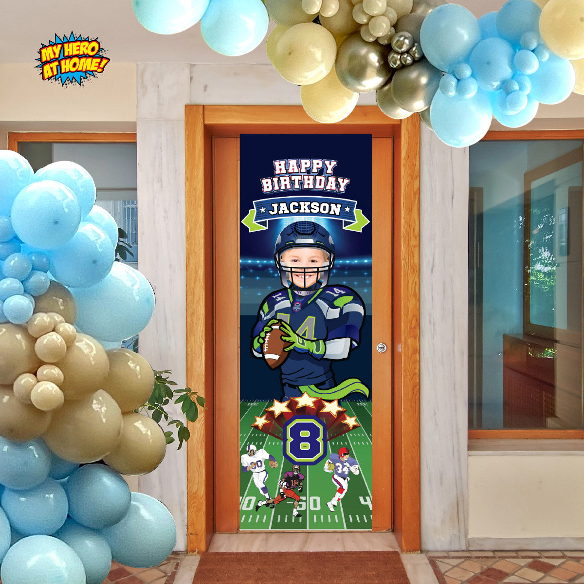 Portrait Football Seahawks banner with birthday kid as the Quarterback (Vertical 2x6’). 2423BBV
