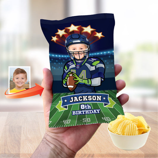 Seattle Football Chip Bag wrappers with birthday kid as his favorite Seahawks player. 2423CB