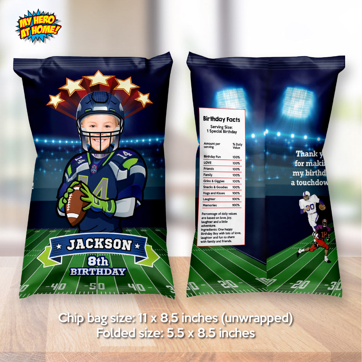 Seattle Football Chip Bag wrappers with birthday kid as his favorite Seahawks player. 2423CB