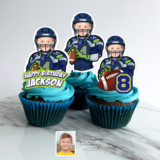 Personalized Football Seahawks Cupcakes Toppers featuring birthday kid. 2423CK