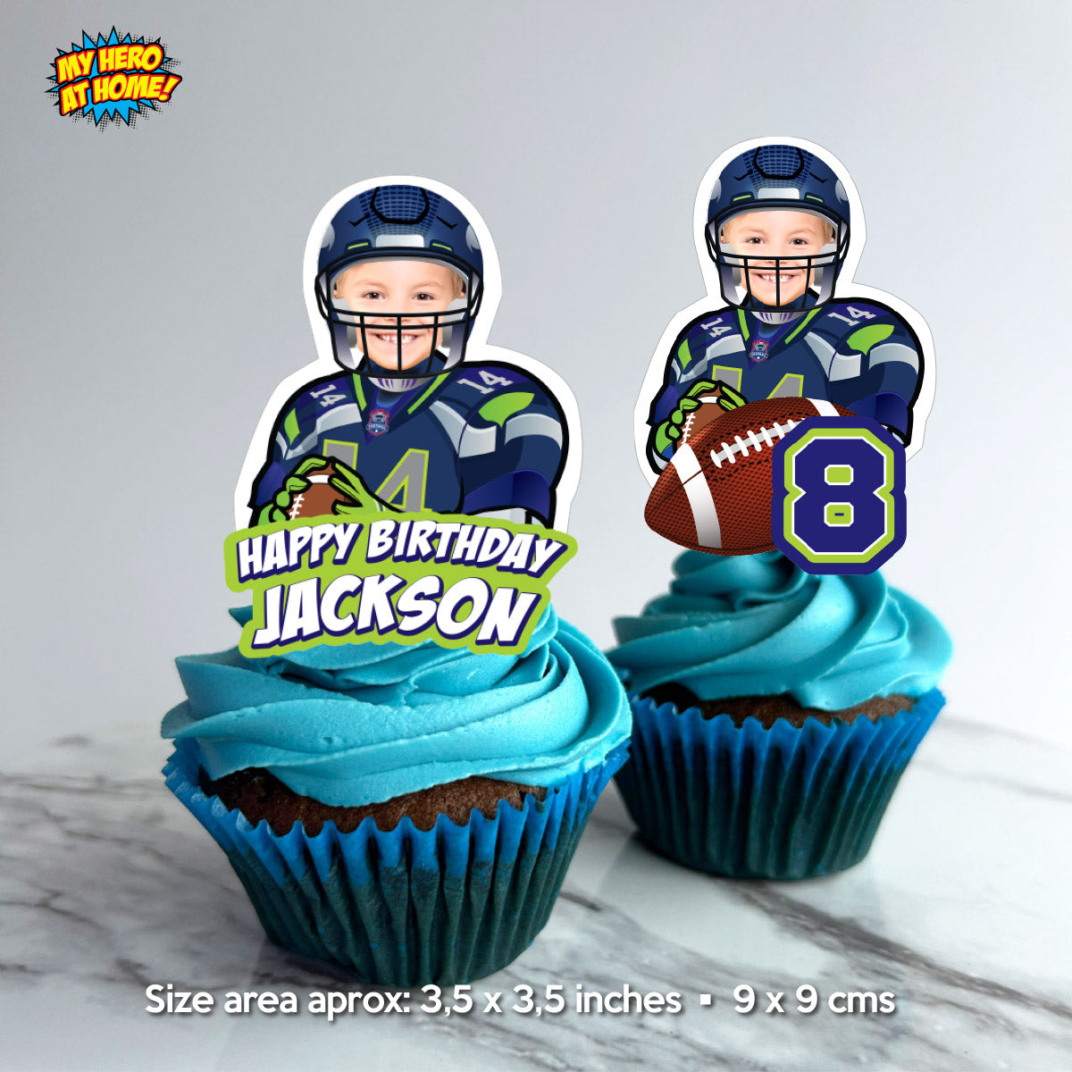 Personalized Football Seahawks Cupcakes Toppers featuring birthday kid. 2423CK