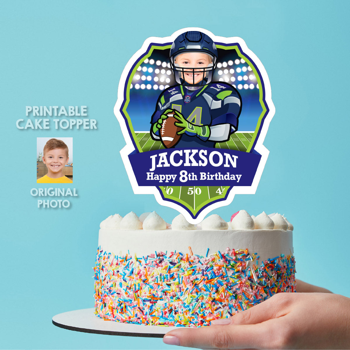 Football Seahawks Cake topper with birthday kid as his favorite player. 2423CT1