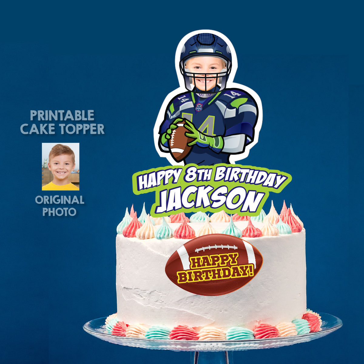 Football Seahawks Cake topper with birthday kid as his favorite player. 2423CT1