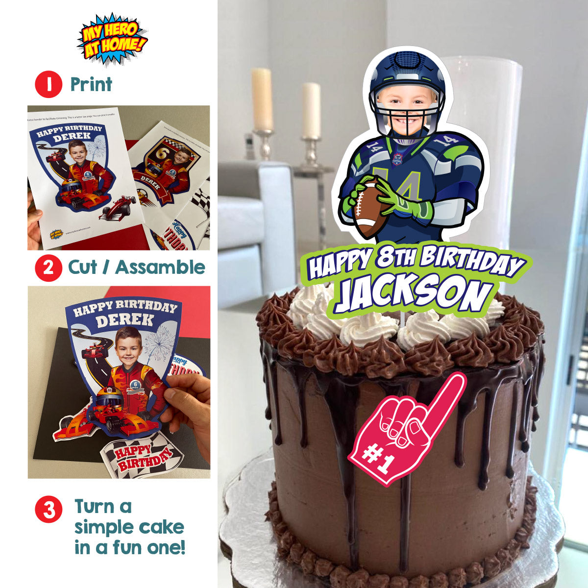 Football Seahawks Cake topper with birthday kid as his favorite player. 2423CT1