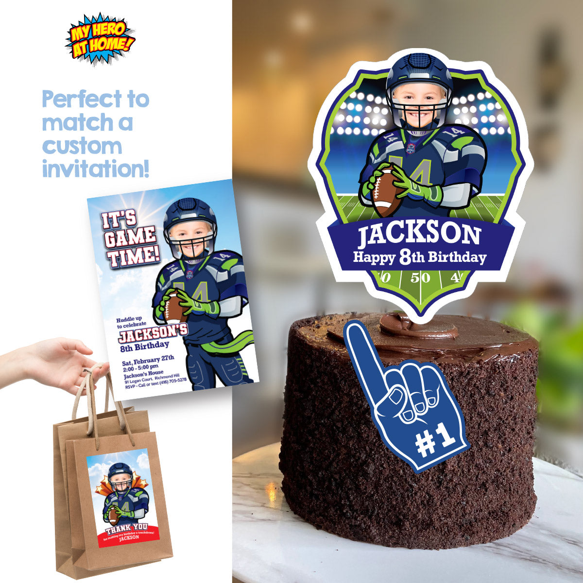 Football Seahawks Cake topper with birthday kid as his favorite player. 2423CT1