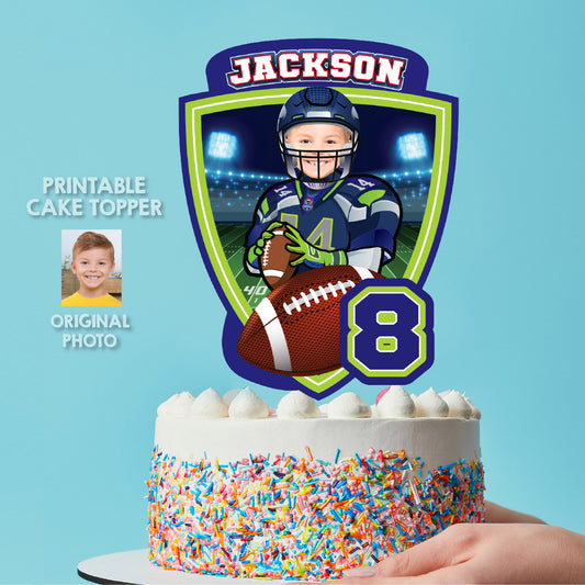 Football Cake topper featuring kid as his favorite Seahawks player. 2423CT2
