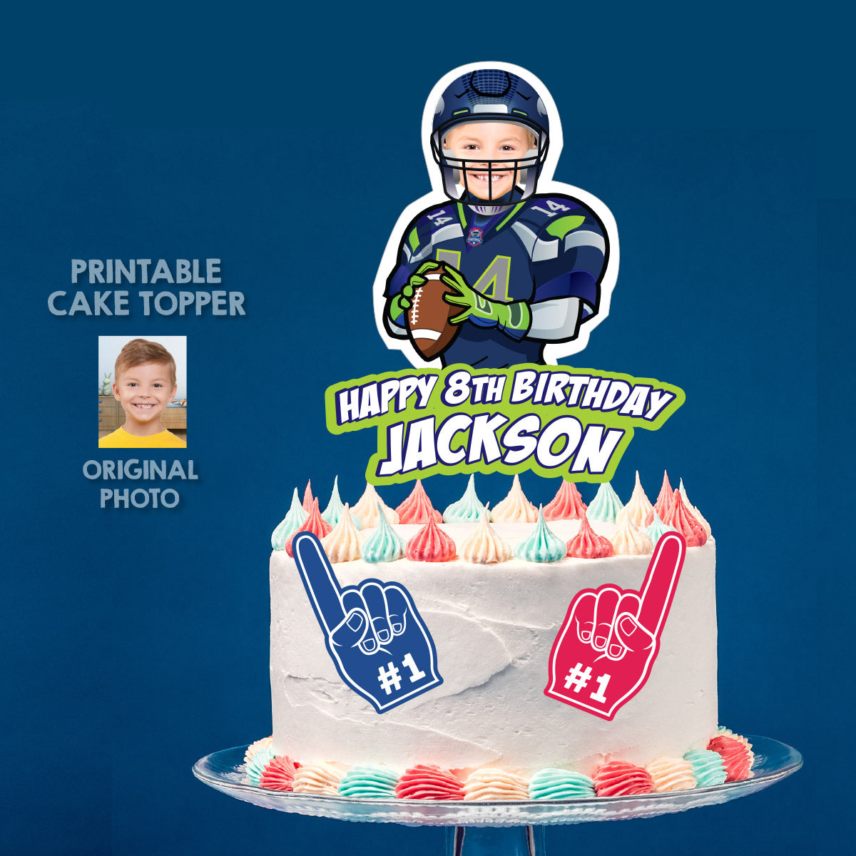 Football Cake topper featuring kid as his favorite Seahawks player. 2423CT2