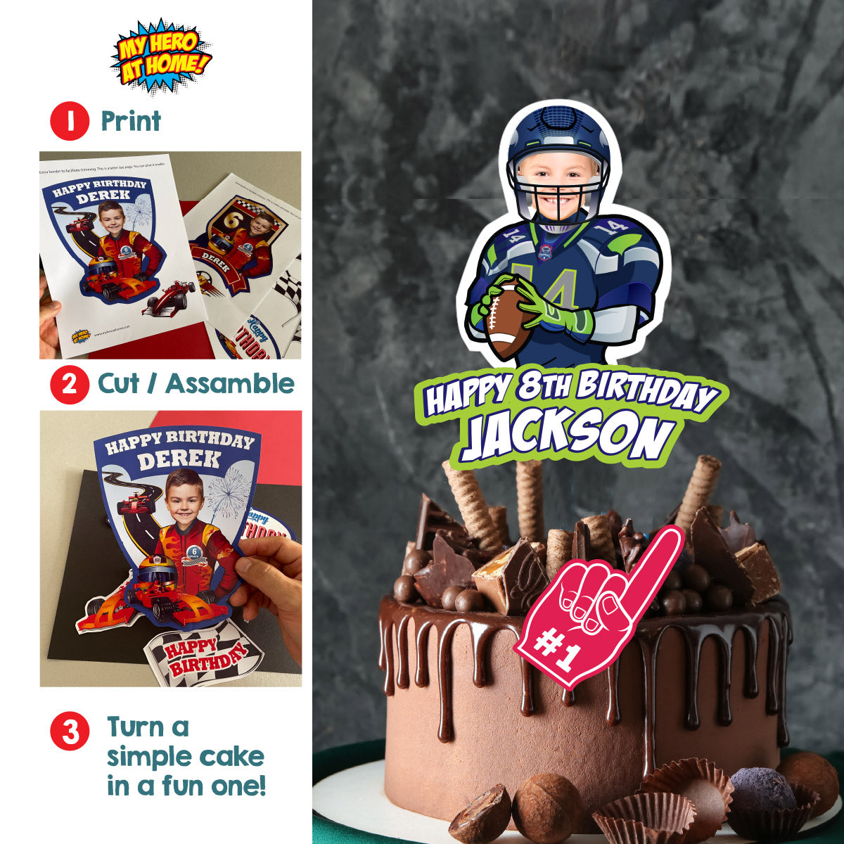 Football Cake topper featuring kid as his favorite Seahawks player. 2423CT2